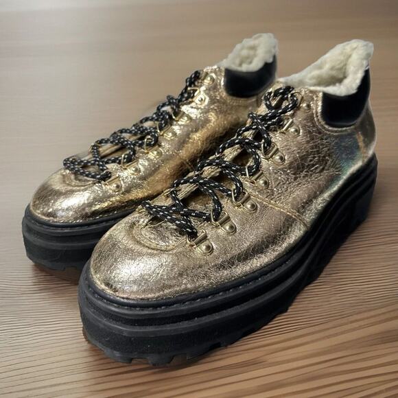 SCHUTZ Shoes - SCHUTZ Lucille Metallic Gold Shearling Lug Sole Ankle Booties Boot Women's 8.5